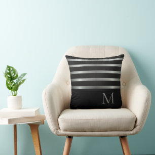 Monogram Modern Silver Stripes on Black Throw Pillow