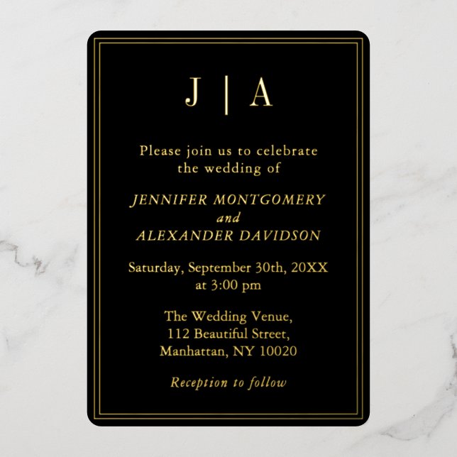 Monogram Modern Simple Black And Gold Wedding (Front)