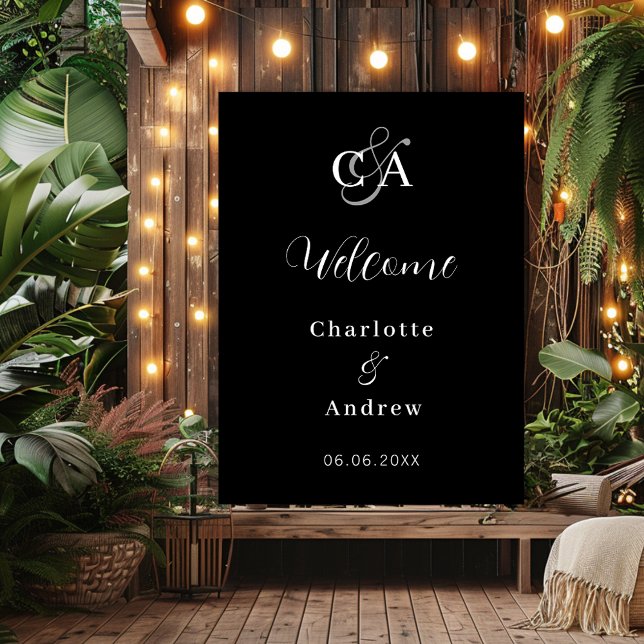 Monogram modern simple black wedding welcome poster (Creator Uploaded)