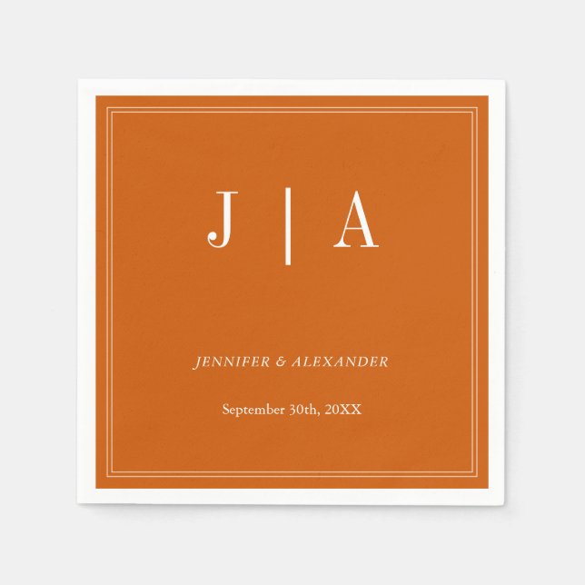 Monogram Modern Simple Burnt Orange White Wedding Napkin (Front)