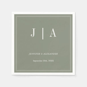 Monogram Modern Simple Sage Green White Wedding Napkin