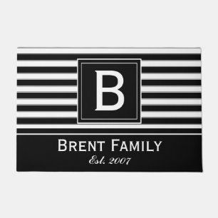 Monogram Modern Stripes Pattern Mat, Black White Doormat