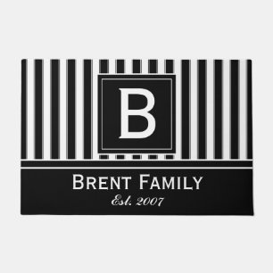 Monogram Modern Stripes Pattern Mat, Black White Doormat