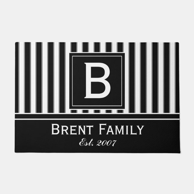 Monogram Modern Stripes Pattern Mat, Black White Doormat (Front)