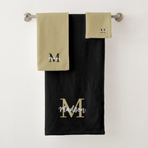 Monogram Modern Tan Sand and Black Bath Towel Set