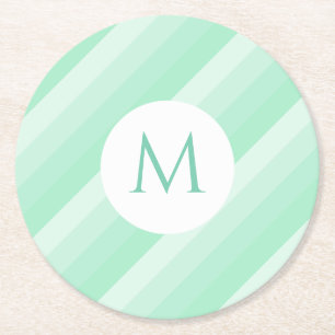 Monogram Modern Template Mint Green Stripes Trendy Round Paper Coaster