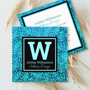 Monogram modern turquoise foliage leaves pattern  square business card