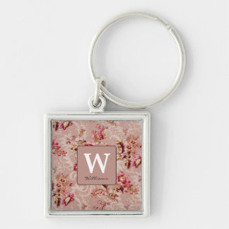 Monogram modern vintage Cute floral for her pink Keychain