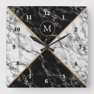 Monogram Modern Wall Clock Black White Marble