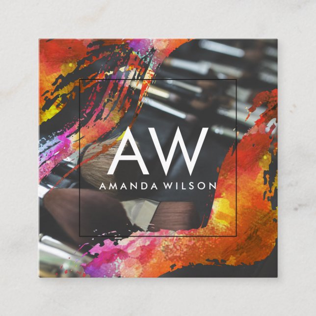 Monogram Modern Watercolor Makeup Brushes Square Business Card (Front)