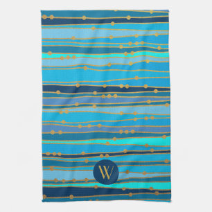 Monogram Monochrome Blue Wave Stripe Faux Gold Dot Kitchen Towel
