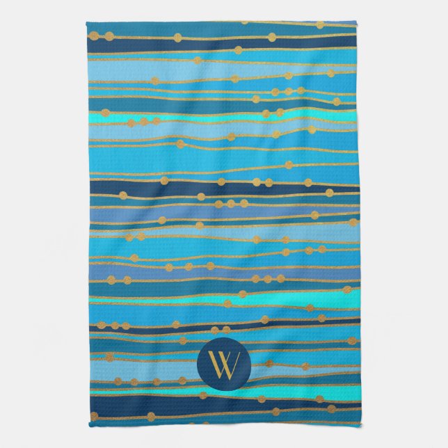 Monogram Monochrome Blue Wave Stripe Faux Gold Dot Kitchen Towel (Vertical)