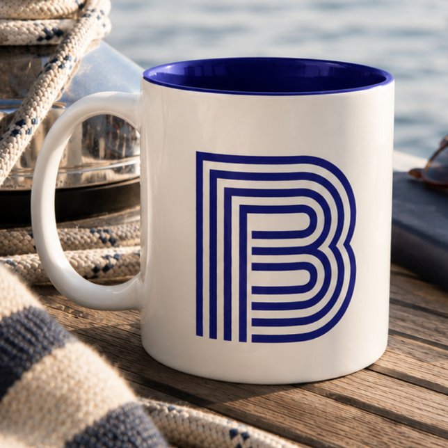 Monogram Monogrammed Initial Blue Modern Simple Two-Tone Coffee Mug (Creator Uploaded)
