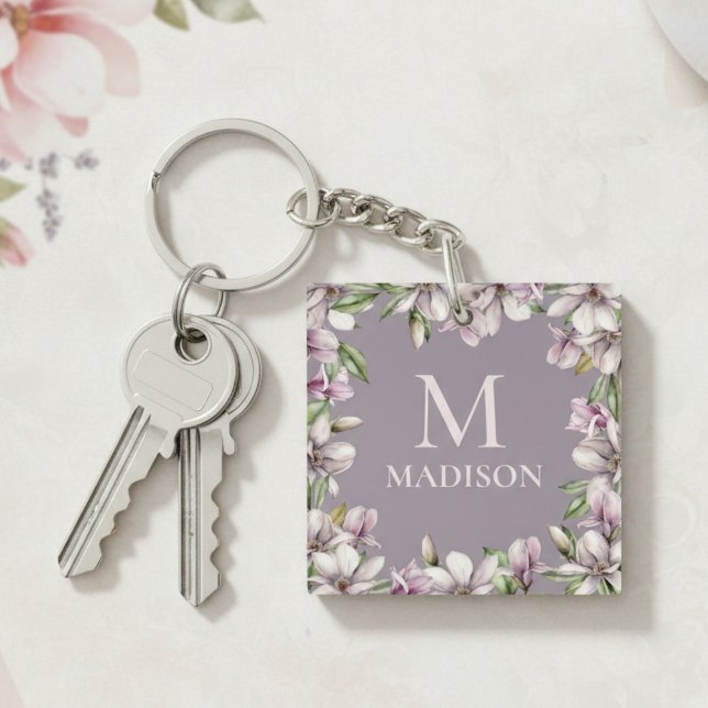 Monogram Monogrammed Magnolia Floral Personalized Keychain (Creator Uploaded)