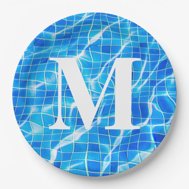 Monogram Monogrammed Swimming Blue Pool Aquatic Paper Plate (Front)