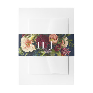 Monogram Moody Burgundy Navy Floral Wedding  Invitation Belly Band
