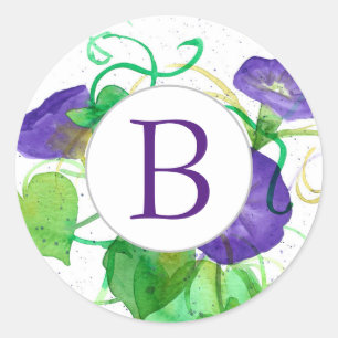 Monogram Morning Glory Purple Flowers  Classic Round Sticker