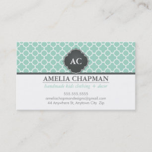 MONOGRAM morrocan tile pattern mint green grey Business Card