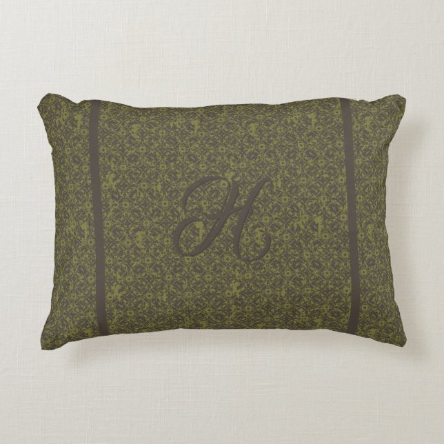 Monogram Moss Green and Brown Scrolled Iron Accent Pillow (Front)