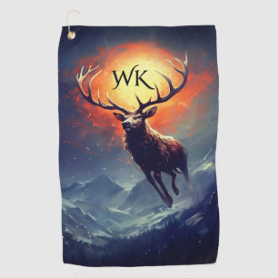 Monogram Mountain Buck Running From Blazing Fire   Golf Towel