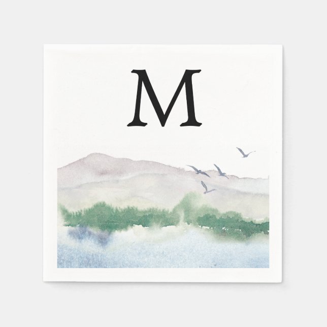 Monogram Mountain Lake Wedding Cocktail Napkin (Front)