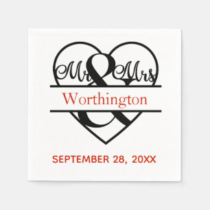 Monogram Mr. and Mrs. Red Black Wedding Napkin