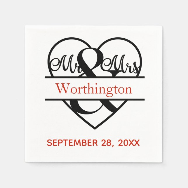 Monogram Mr. and Mrs. Red Black Wedding  Napkin (Front)