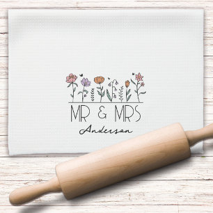 Monogram Mr & Mrs Wildflowers Newlyweds Kitchen Towel