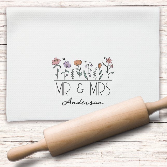 Monogram Mr & Mrs Wildflowers Newlyweds Kitchen Towel (Creator Uploaded)
