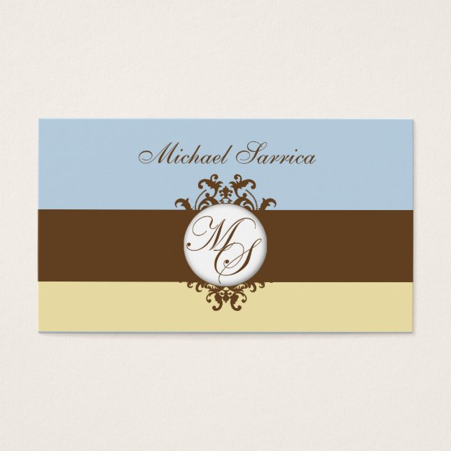 Monogram MS Brown Damask Blue Cream Gift Tag (Front)