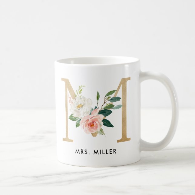 Monogram Mug, Floral Monogram M, Custom Gift, Gold Coffee Mug (Right)