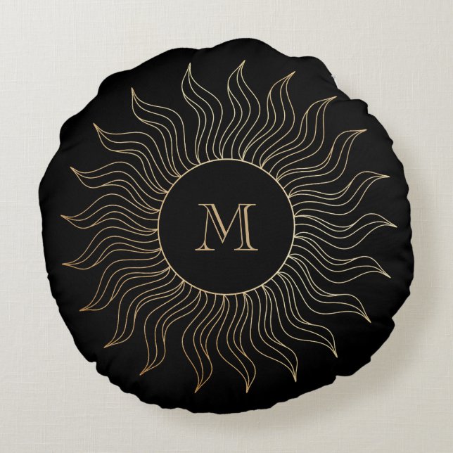 Monogram My Sun and Moon Celestial Gold Black Round Pillow (Back)