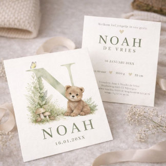 Monogram N Beer Bosdier Waterverf Geboortekaartje Card