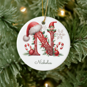 Monogram N Elf Christmas Ornament