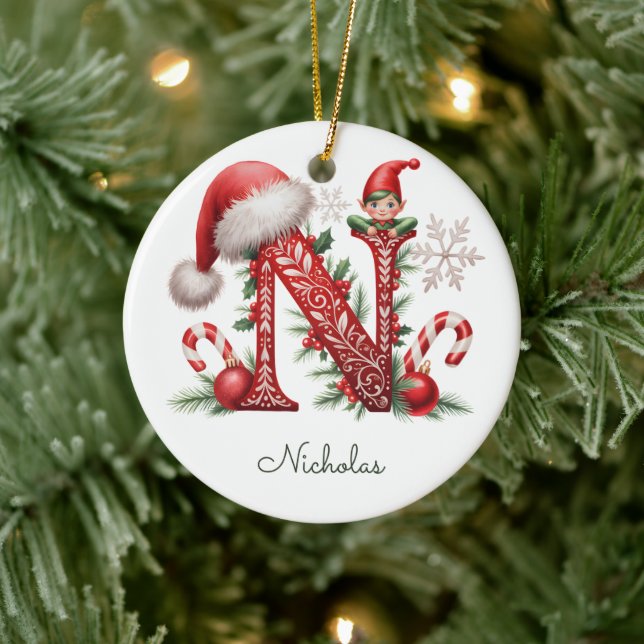 Monogram N Elf Christmas Ornament (Tree)