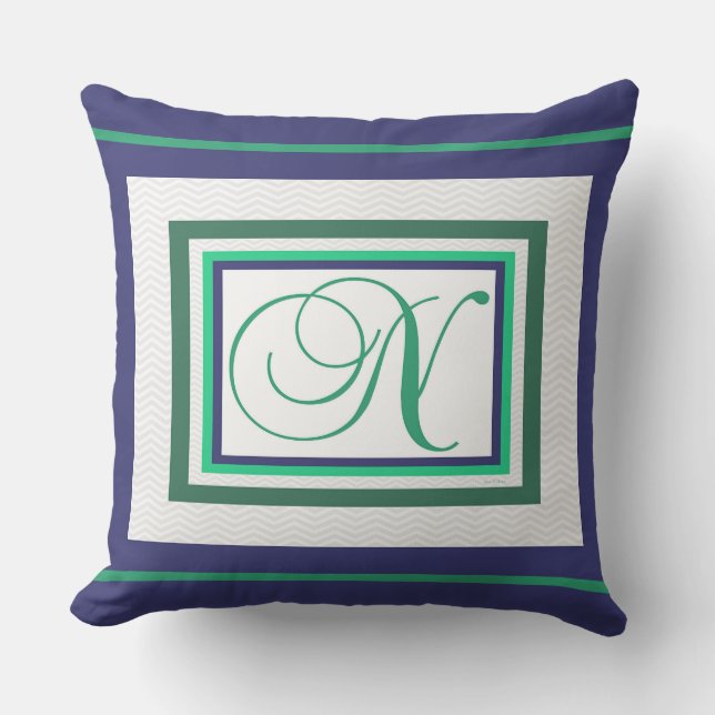 Monogram N Green White Script Outdoor Pillow (Front)