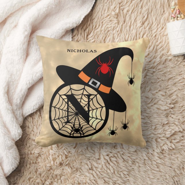 Monogram N Halloween Sky Witch Spiders Name Throw Pillow (Blanket)