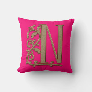 Monogram N Hot Pure Pink, Family, Wedding Birthday Throw Pillow
