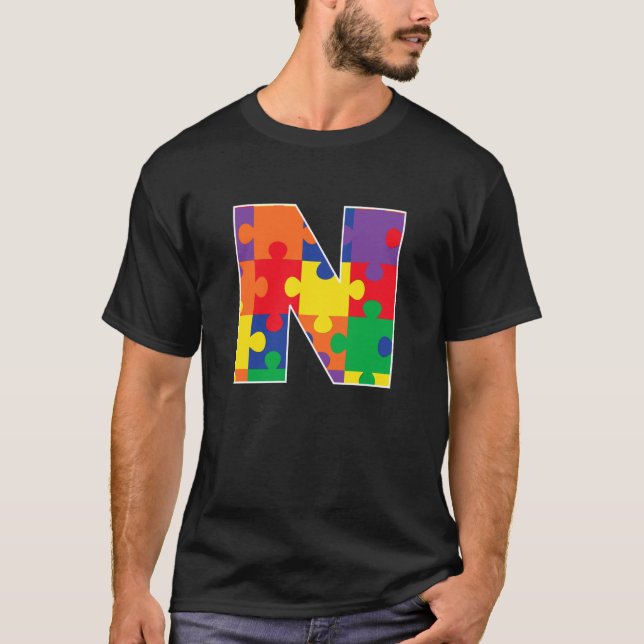 Monogram N in Multi Colour Puzzle Pieces T-Shirt (Front)