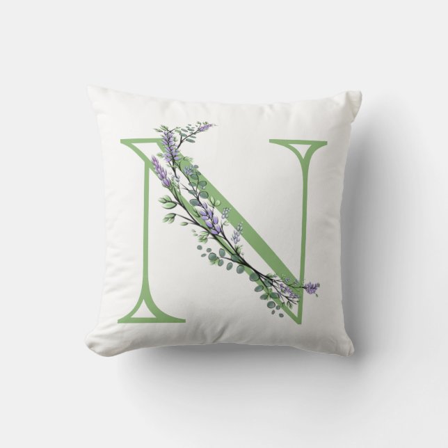 Monogram N Lavender Eucalyptus Throw Pillow (Front)