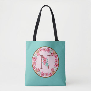 Monogram N Letter with Peony Flower Image Tote Bag