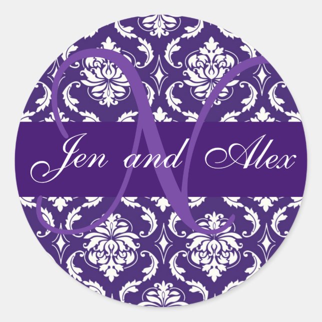 Monogram N Purple Damask Wedding Favor Sticker (Front)