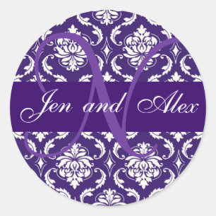 Monogram N Purple Damask Wedding Favor Sticker