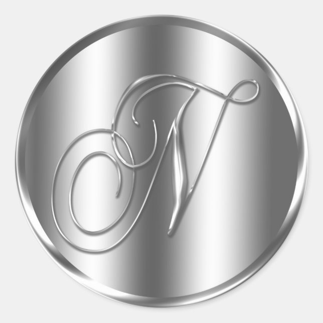 Monogram N Silver Colour Wedding Invitation Holida Classic Round Sticker (Front)