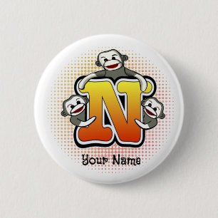 Monogram N Sock Monkey  2 Inch Round Button