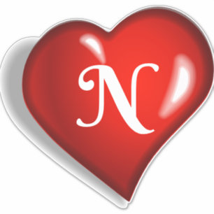 Monogram N, white script on ruby red heart
