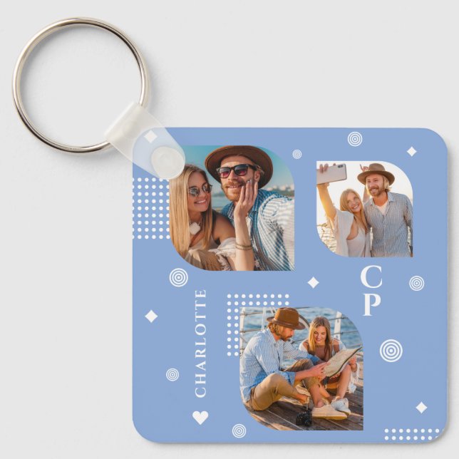 Monogram Name 3 Photo Collage Trendy Keychain (Front)