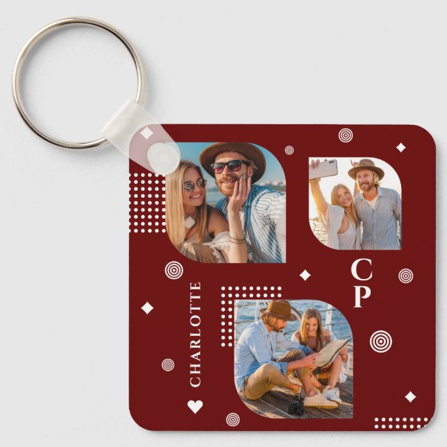 Monogram Name 3 Photo Collage Trendy Keychain (Front)