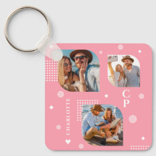 Monogram Name 3 Photo Collage Trendy Keychain