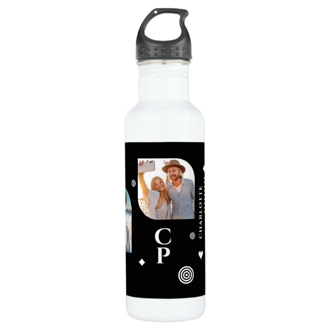 Monogram Name 3 Photo Collage Trendy Modern 710 Ml Water Bottle (Front)